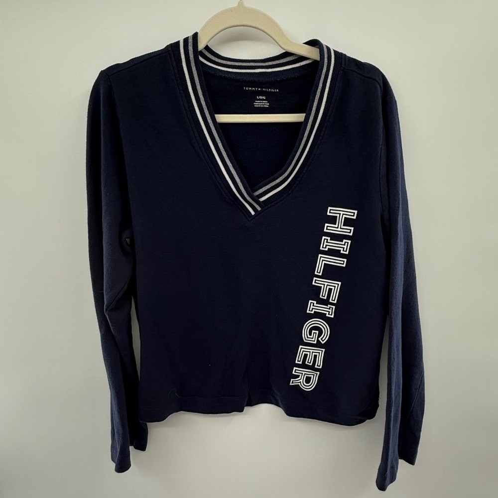 Tommy Hilfiger Cropped Sweater Women's Large Navy‎ V Neck Varsity Logo